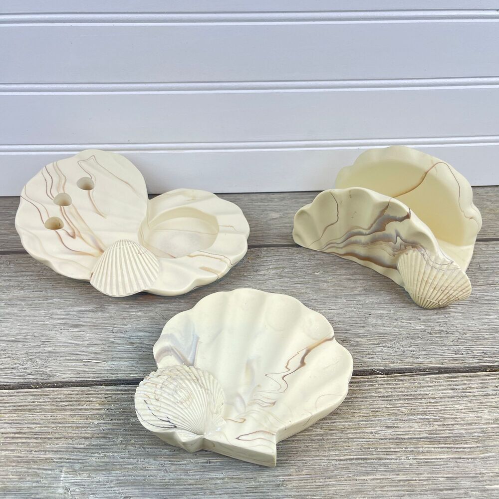 Vtg DINA Marbled Soapstone Vanity Set Soap Dish Toothbrush Holder Towel Holder